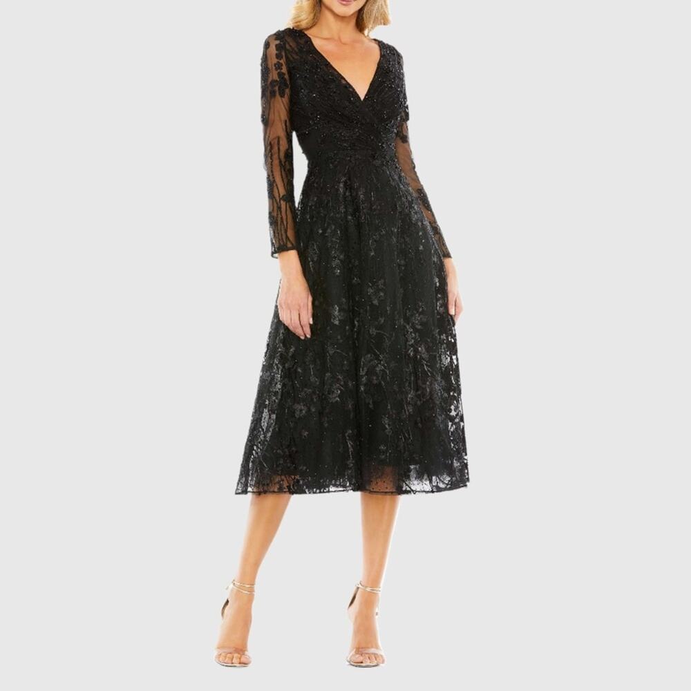 Mac Duggal Embellished Floral Long Sleeve Dress 204041 Black Women’s Sz 6